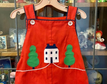 vintage Chocolate Soup overalls, red overalls with house and tree appliqués on bib, size 6