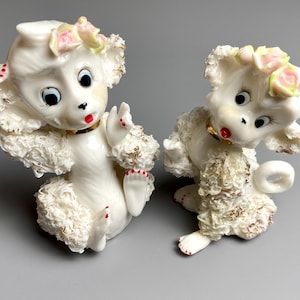 vintage Ucagco set of 2 ceramic spaghetti monkeys, white and gold, red painted nails, pink flowers, Japan