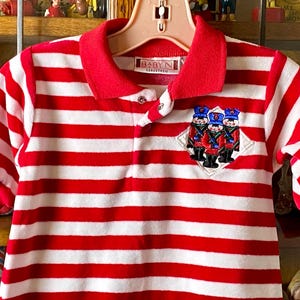 vintage Baby Nordstrom red & white striped velour baby romper, toy soldiers, Christmas romper, 6 months