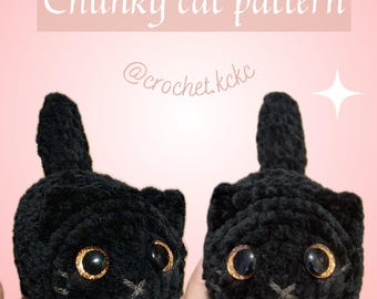 May include: Two black, chunky crochet cat toys with gold-colored eyes and whiskers. The text "Chunky cat pattern" is displayed on a pink background, along with the text "PDF file" and the seller's username.