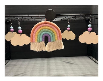 Pastel Macrame Rainbow Cage Ornament | Chewable Cloud Add-On Sets | Clip-On Rat Cage Accessory | Critter Nation Decor