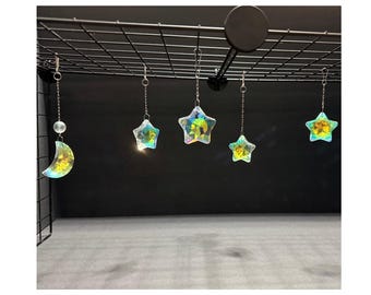 Iridescent Celestial Crystal Cage Ornaments | Star or Moon | Rat Cage Decor | Clip-On Sparkle Charms