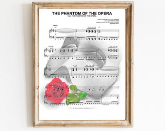 Phantom of the Opera Musical Print, Sheet Music Poster, Erik & Christine Watercolor Painting, Broadway Playbill, Andrew Lloyd Webber, Gift