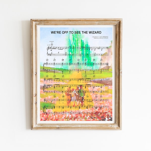 DIGITAL Download, Wizard of Oz Watercolor Painting, We're Off to See the Wizard Sheet Music Art Print, Printable Wall Art, Yellow Brick Road