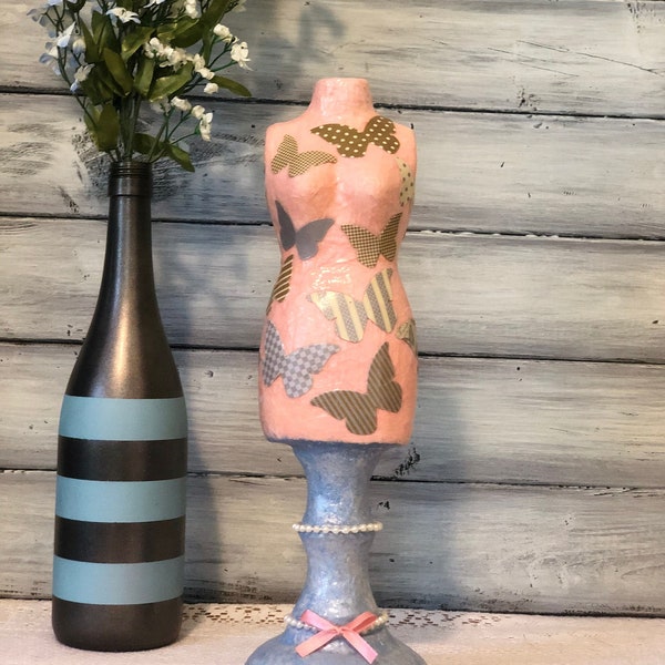 Decoupaged Butterfly Paper Mache Mannequin - Jewelry Stand / Decoration / Feminine / Antique / Pearl/ Pink / Blue /Home Decor / Hand Made