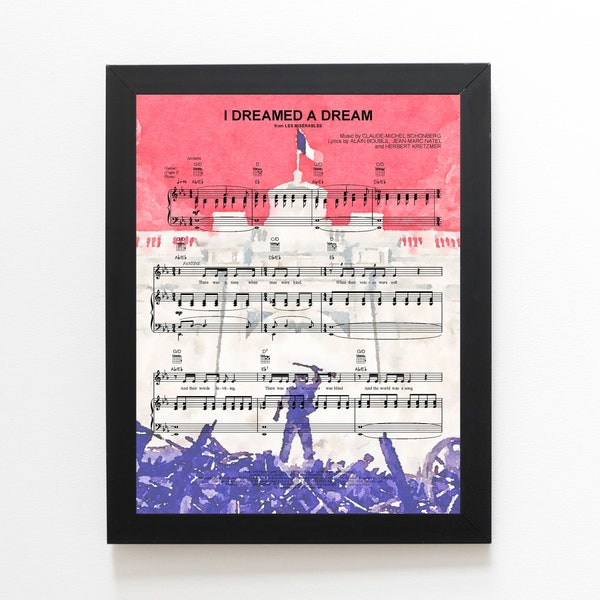 Les Miserables Watercolor Painting, I Dreamed a Dream Sheet Music, Broadway Musical Playbill Poster, Unique Gift Idea, Victor Hugo - Javert