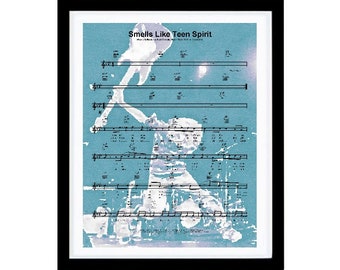 Nirvana Smells Like Teen Spirit Print, Kurt Cobain Concert Poster, Watercolor Painting, Unique Gift Idea, Monochrome Grunge Rock Sheet Music