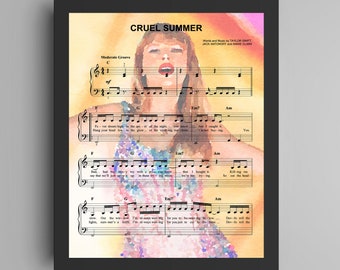 Taylor Swift Poster, Eras Concert Tour Watercolor Painting, Pop Icon Art Print, Cruel Summer Sheet Music, Swiftie Decor, Unique Gift Idea