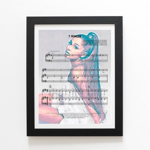 Ariana Grande Watercolor Painting Poster, 7 Rings Sheet Music Print, Frameable Female Portrait, Unique Gift Idea, Teen Kid Girls Room Custom
