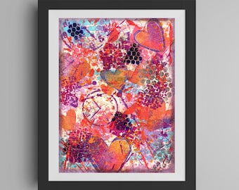 Abstract Painting Heart and Clock Themed Mixed Media Art Print - Frameable Collage Decor - Hand Painted Original Artwork - Unique Gift Idea