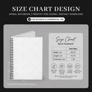 May include: A white spiral notebook with a black metal coil and a size chart graphic. The chart lists dimensions as 20.33 cm height, 15.24 cm length, and 1.52 cm thickness. It notes 90gsm paper, 118 ruled pages, and a document pocket on the back cover.