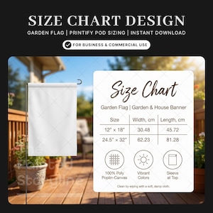 May include: A size chart for a garden flag and house banner featuring text that reads Size Chart, Garden Flag | Garden & House Banner, 12" x 18" (30.48 cm x 45.72 cm), 24.5" x 32" (62.23 cm x 81.28 cm), 100% Poly Poplin-Canvas, Vibrant Colors, and Sleeve at Top.