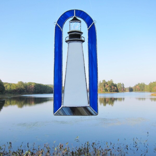 Stained glass suncatcher, window hanging Maine Lighthouse seaside gift solid blue with slight white whispy border glass'FREE SHIPPING