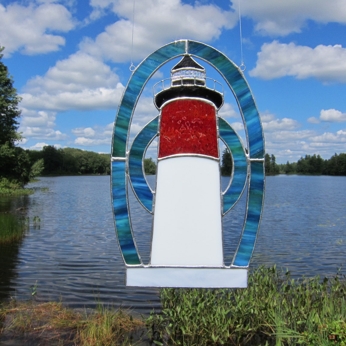 Stained glass Cape Cod Lighthouse suncatcher window hanging. Etsy