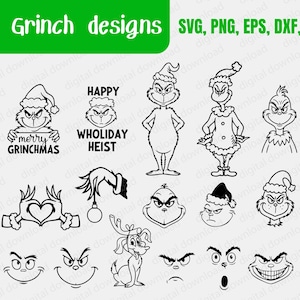 May include: A collection of 16 Grinch designs in black and white, including various Grinch faces, full-body illustrations, and text elements. The designs are available in SVG, PNG, EPS, DXF, and PDF formats. Text includes "16 Grinch designs", "merry GRINCHMAS", and "HAPPY WHOLIDAY HEIST".