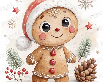 Gingerbread Clipart - Christmas Png - Vintage Watercolor - Gingerbread Girl