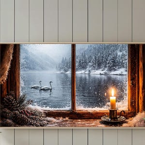 Verschneite See Schwan Digitaler Download, Rahmen TV Kunst Winterlandschaft, rustikale Hütte Fensterszene, Cottagecore Bauernhaus Dekor.