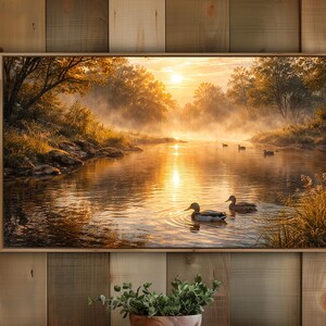 Autumn River Ducks Landscape Frame TV Art, Rustic Golden Sunrise Water Reflection Painting, Cozy Cottagecore Country Nature Scene