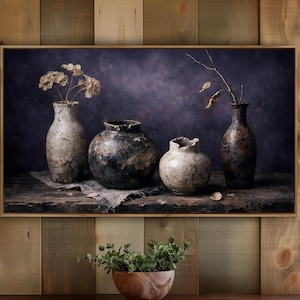 Vintage Wasabi Pottery Still Life, Rustic Farmhouse Frame TV Art (Digital Download )