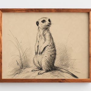 Op de afbeelding: Een ingelijste inkttekening op beige papier met een stokstaartje dat rechtop in een grasveld staat. Het kunstwerk bevat gedetailleerde zwarte lijnen die de vachttextuur en houding van het dier vastleggen, gevat in een eenvoudige bruine houten lijst.