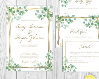 Printable Wedding Invitation Suite Template, Instant Download Greenery Garden Wedding Invites, Edit in Pages or Word by YellowBrickStudio