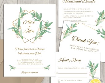 Printable Wedding Invitation Suite Template, Instant Download Greenery Garden Wedding Invites, Edit in Pages or Word by YellowBrickStudio