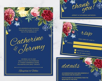 Printable Wedding Invitation Suite Template, Instant Download Navy Floral Wedding Invites, Edit in Pages or Word by YellowBrickStudio