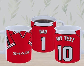 Custom Manchester United Mug, Personalised 1998/99 Kit Ceramic Cup, MUFC Retro Football Shirt Gift, Classic Sharp Sponsor Design