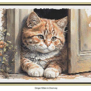 Ginger Kitten in Doorway Cross Stitch Pattern - Rustic Cat & Berries PDF