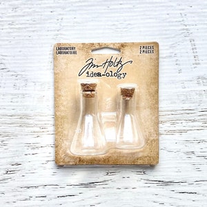 Tim Holtz, Ideaology Halloween Laboratory Flasks, small corked glass embellishments, paper crafting, scrapbooking, mix media, art assemblage
