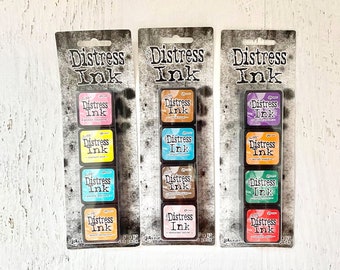 Tim Holtz Mini Distress Ink Pad Kit #1, #6 or #15, 4 colors in each set, 1x1 inch pads, for Scrapbooking, Card making, art journaling, stamp