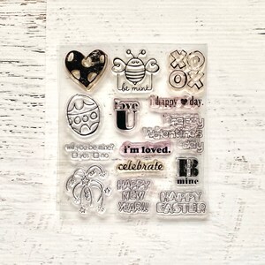 Juego de sellos festivos, poco uso, incluye 14 piezas, Año Nuevo, San Valentín y Pascua, manualidades con papel, álbumes de recortes, fabricación de tarjetas, diario artístico
