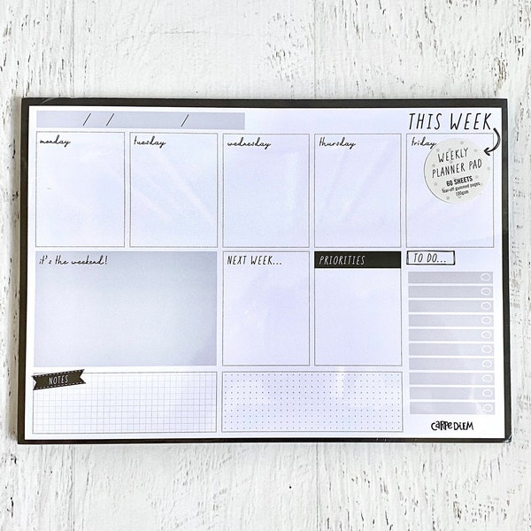 Carpe Diem Weekly Planner Pad in Black, 60 tear-off designer sheets, planners/planning, days of week, desk calendar, notes, appointments