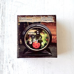 Tim Holtz, Ideology Curio clock, black, Halloween edition, to display ephemera, or memorabilia, mixed media, altered art assemblage, frame