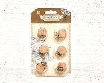 Prima Vintage Trinket Embellishments, wood with metal charm, for  scrapbooking, card making, mixed media, mini albums, art journaling