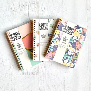 Carpe Diem B5 Project Book, Notebook, 200 pg, 80 gsm, 4 tabbed colored dividers, hard cover, 7X9.75" (B5), Floral, Hearts, or Geometric