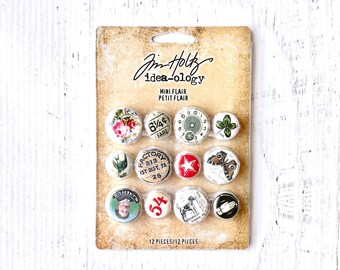 Tim Holtz, Ideaology, Mini Flair, Metal embellishment buttons, floral butterfly, paper crafting, altered art assemblage, vignette, diorama,
