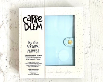 Carpe Diem Personal Planner Boxed Set, Sky Blue, White & Gold, 6 ring simulated leather, 4 interior/ 2 side pockets, pen loop, metal charm