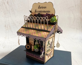 Curious Accoutrements Miniature Village Kiosk/Stall, miniature, spooky store, Halloween table decor, art work, art assemblage, mixed media