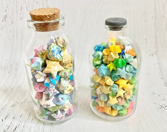 Origami paper beads, multicolor, handmade in tiny jar, scrapbooking, papercrafting, mixed media, book binding, cardmaking, stars & triangles