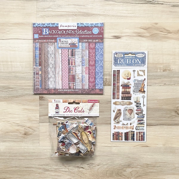 Stamperia Vintage Library 8x8" Maxi Backgrounds (10 dbl-sided shts/pkg), Rub-Ons (8.5x4" sheet) or Die Cuts (44 pc), cards, paper crafting