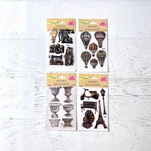 Crafter's Square Puffy Stickers, set van 4, heteluchtballon, camera, urnen, Eiffeltoren, vintage metallic stijl, papier knutselen, kaarten maken