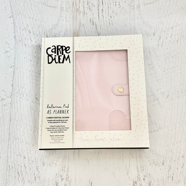 Carpe Diem Planner Ballerina Pink boxed set, A5, 6 ring simulated leather w/ 4 interior pockets, 2 side pockets, elastic pen loop, & charm