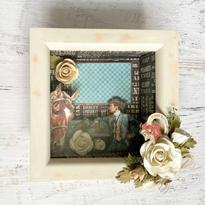 Shadowbox Photo Frame, handmade in ivory, 6.5&quot; square (outside), equestrian/horse theme (graphic 45) instax photo, horizontal display, glass