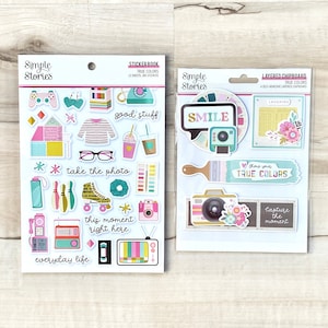 Libro de pegatinas de colores verdaderos de Simple Stories o pegatinas de cartón en capas, manualidades con papel para Navidad/festividades, creación de tarjetas, diario artístico