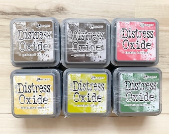 Tim Holtz Distress Oxide 3x3" Ink Pads, Gathered Twigs, Ground Espresso, Festive Berries, Fossilized Amber, Crushed Olive, Rustic Wilderness