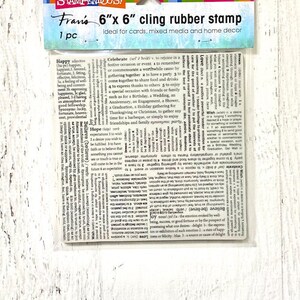 May include: A white package with a red, pink, and yellow border. The package contains a 6x6 inch cling rubber stamp with a black and white design of words. The text on the package reads "STAMPENDOUS! Frans 6"x 6" cling rubber stamp 1 pc Ideal for cards, mixed media and home decor".
