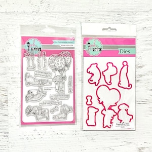 Pink & Main Diggity Dog stempel- en stansset, 14 stempels/7 dies, papier knutselen, kaarten, scrapbooking, sentimenten, verjaardagsballonnen, teckels