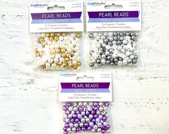 Multicraft Plastic Pearl beads, Tri-Color Mix, 1.2 oz, gold, silver, or purple, journal, paper crafting, mixed media, card making, jewelry