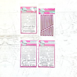 Pink & Main Sentiment Strips stempel- en/of stansset, 21-23 stempels/14 dies, papier knutselen, kaarten, scrapbooking, sentimenten, bedankt, zinnen